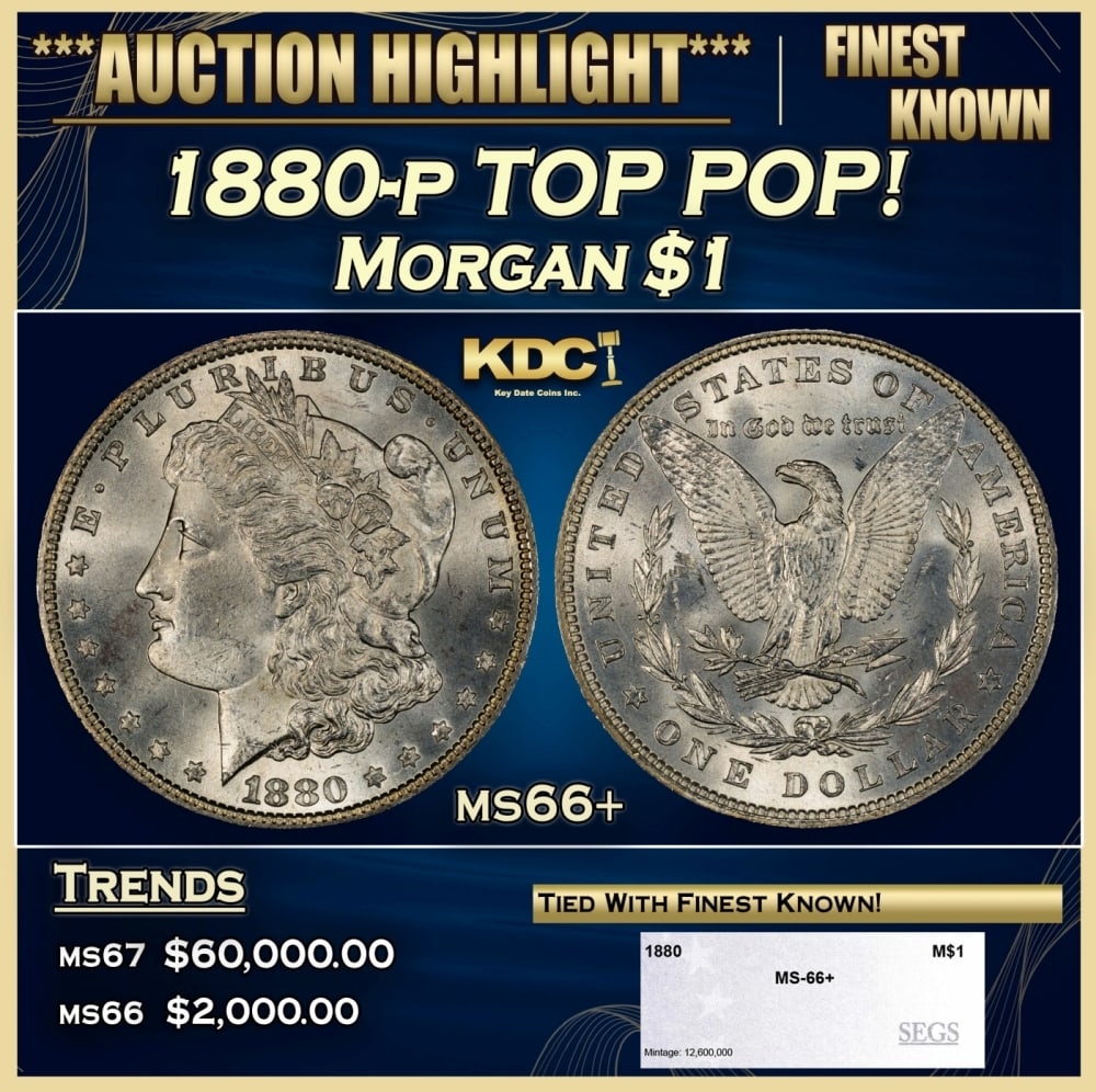 1880-p Morgan Dollar TOP POP! $1 ms66+ SEGS: 1880-p TOP POP! Morgan Dollar $1 ms66+ SEGS. 0 Historic precious metal trends is causing increased spot pricing by the day. On auctions with set openings, we are doing our best to have items priced at