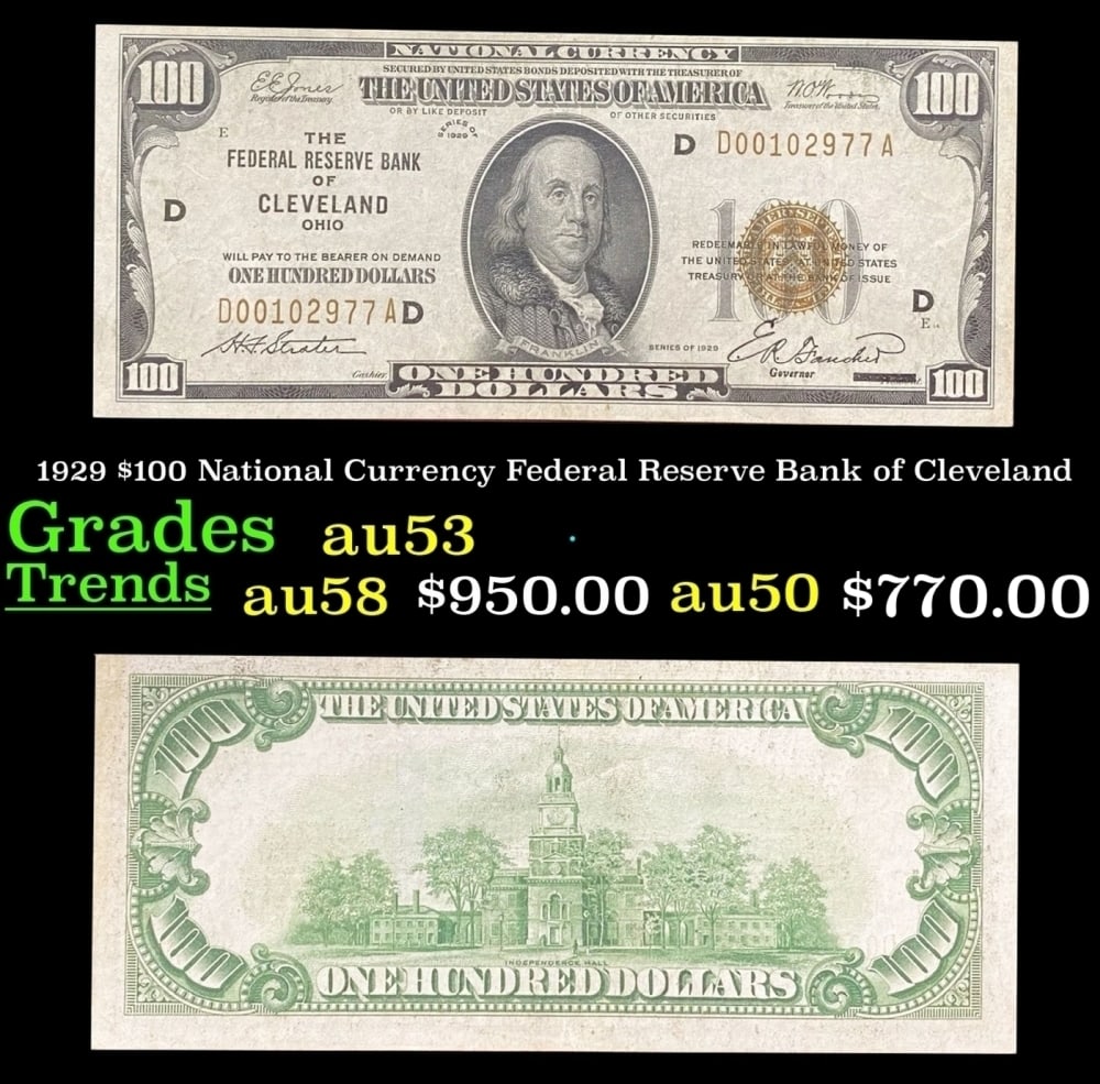 1929 $100 National Currency Federal Reserve Bank of Cleveland Grades Select AU: 1929 $100 National Currency Federal Reserve Bank of Cleveland Grades Select AU. Historic precious metal trends is causing increased spot pricing by the day. On auctions with set openings, we are doing