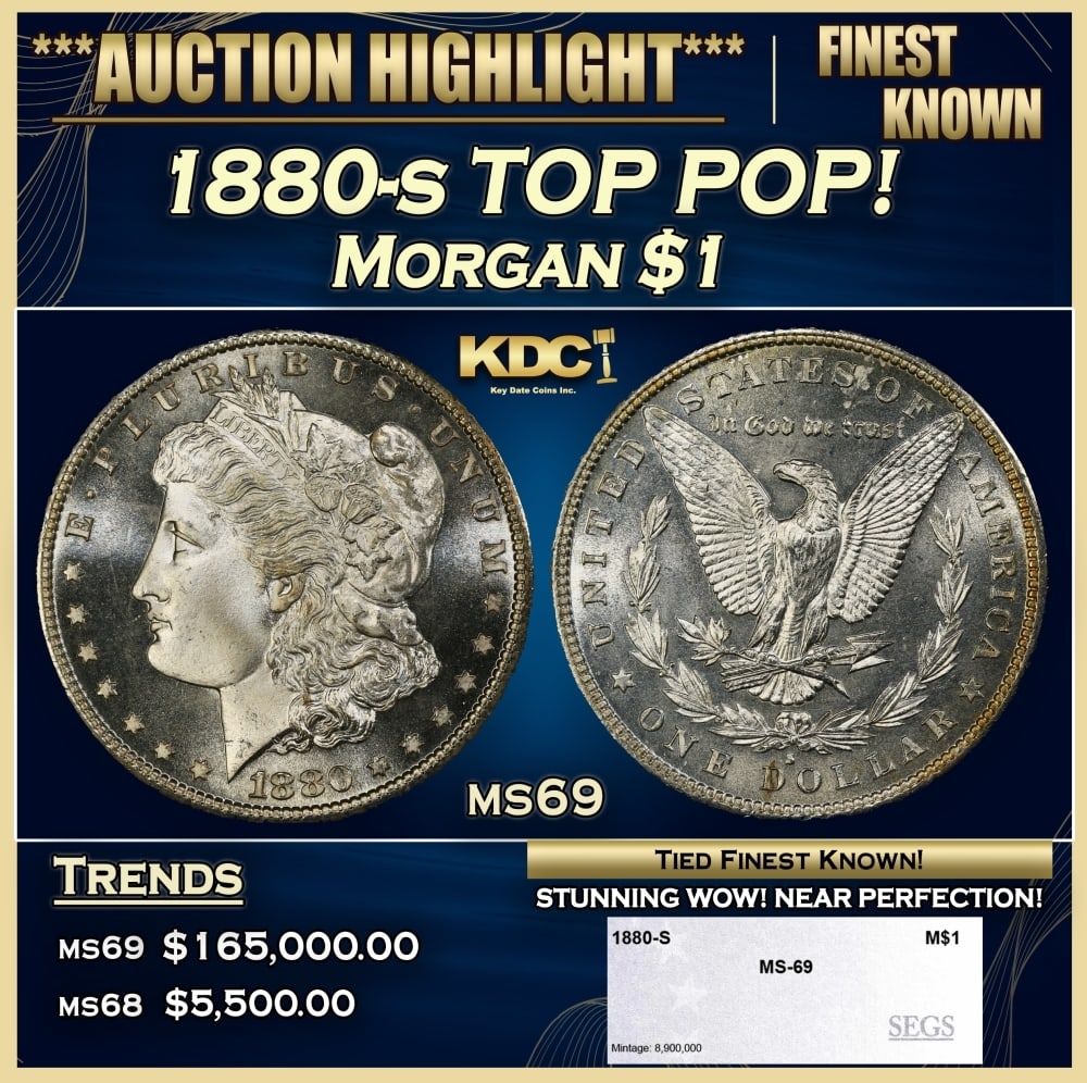 1880-s Morgan Dollar TOP POP! $1 ms69 SEGS: 1880-s TOP POP! Morgan Dollar $1 ms69 SEGS. 0 Historic precious metal trends is causing increased spot pricing by the day. On auctions with set openings, we are doing our best to have items priced at