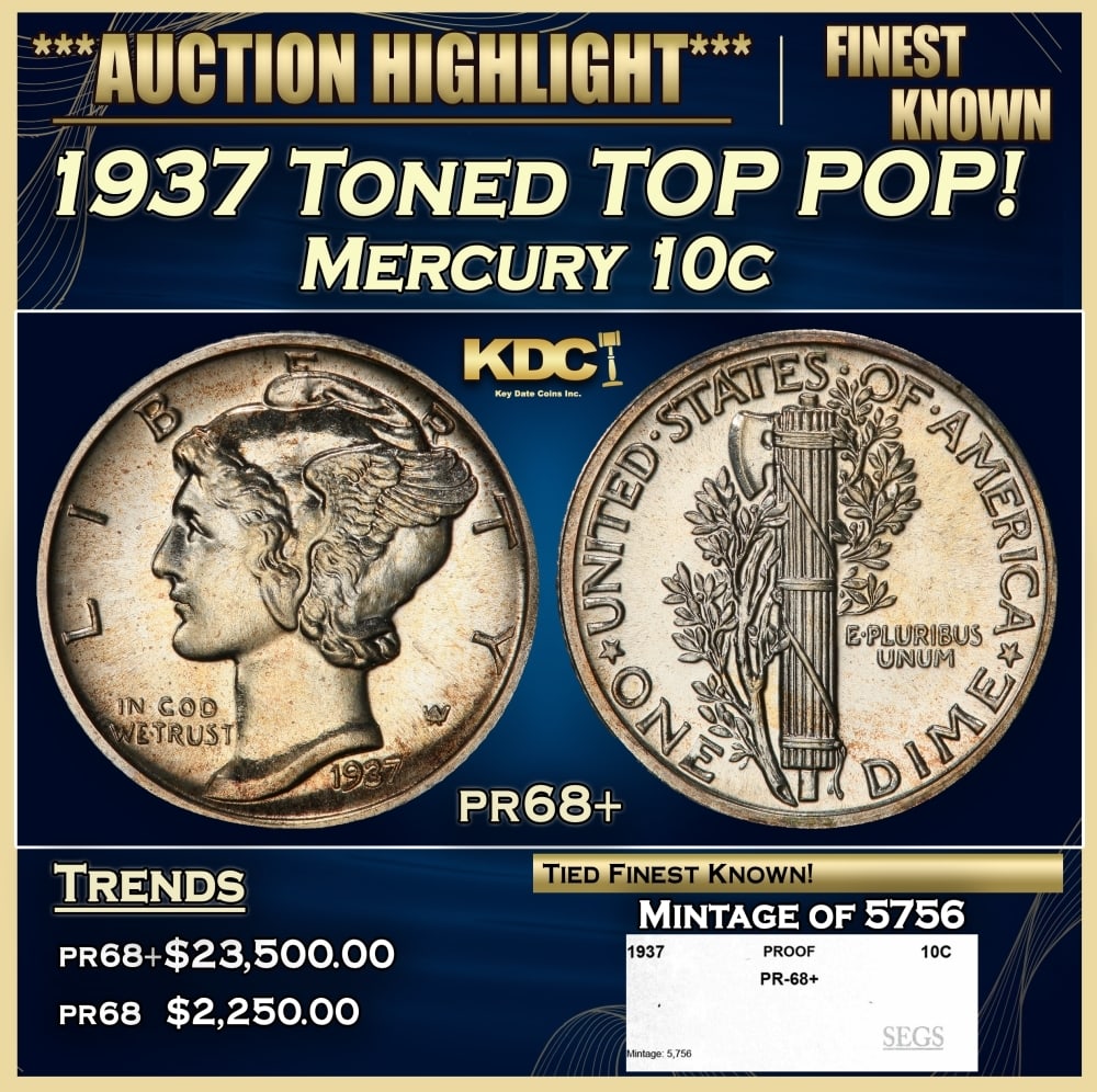 1937 Proof Mercury Dime Toned TOP POP! 10c pr68+ SEGS: 1937 Toned TOP POP! Mercury Dime 10c pr68+ SEGS. 0 Historic precious metal trends is causing increased spot pricing by the day. On auctions with set openings, we are doing our best to have items price
