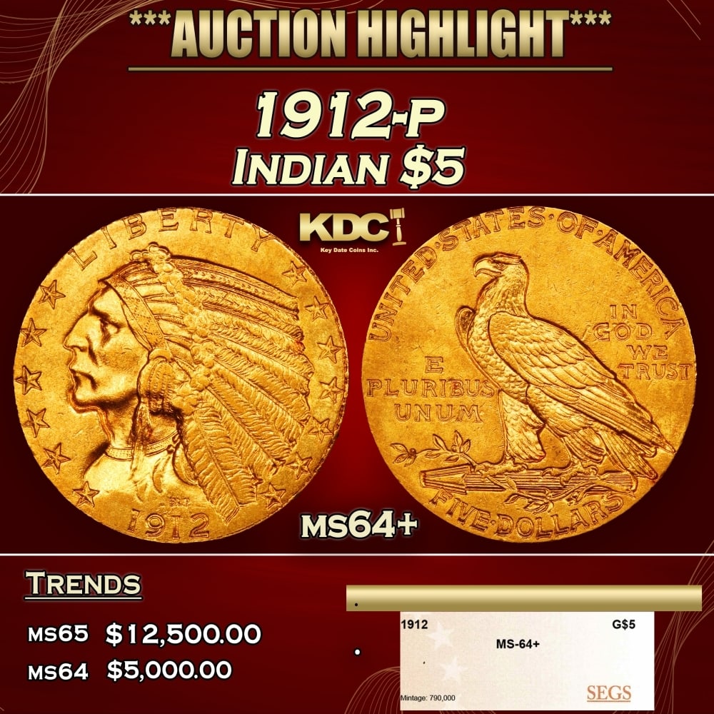 1912-p Gold Indian Half Eagle $5 ms64+ SEGS: 1912-p Gold Indian Half Eagle $5 ms64+ SEGS. 0 Historic precious metal trends is causing increased spot pricing by the day. On auctions with set openings, we are doing our best to have items priced at