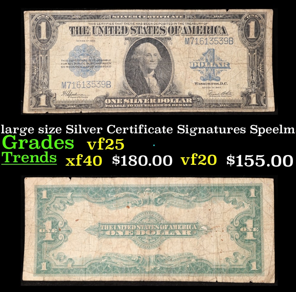 1923 $1 large size Silver Certificate Grades vf+ Signatures Speelman/White: 1923 $1 large size Silver Certificate Grades vf+ Signatures Speelman/White. Fr-237 The term “horse blanket” gets used a lot when talking about large size currency. It is most frequently used t