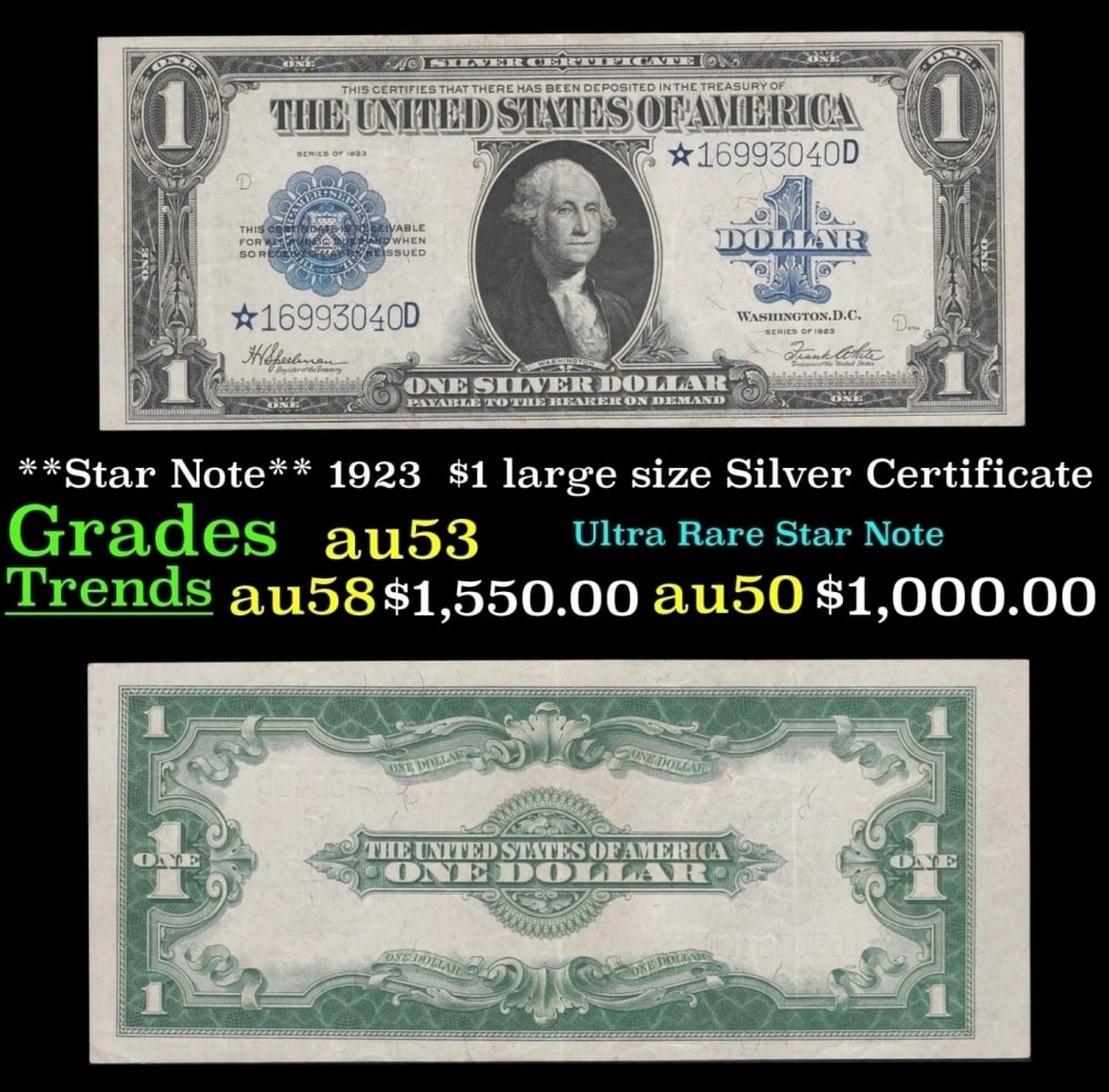 **Star Note** 1923 $1 large size Silver Certificate Grades Select AU: **Star Note** 1923 $1 large size Silver Certificate Grades Select AU. Historic precious metal trends is causing increased spot pricing by the day. On auctions with set openings, we are doing our best
