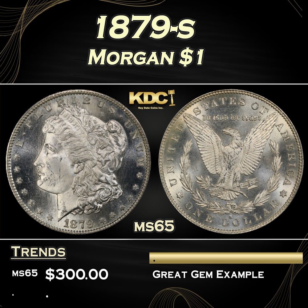 1879-s Morgan Dollar $1 Grades ms65: 1879-s Morgan Dollar $1 Grades ms65. Historic precious metal trends is causing increased spot pricing by the day. On auctions with set openings, we are doing our best to have items priced at their mar