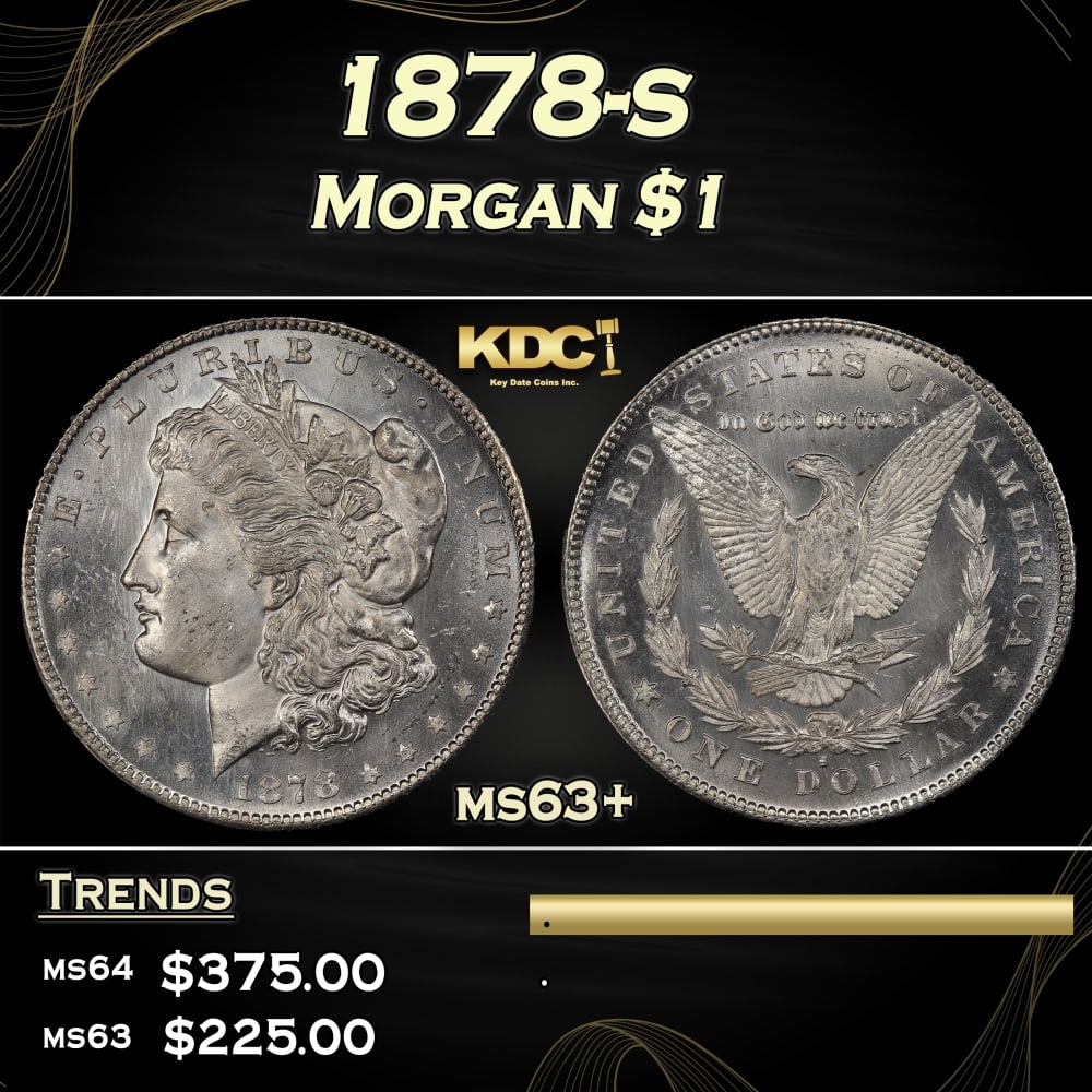 1878-s Morgan Dollar $1 Grades ms63+: 1878-s Morgan Dollar $1 Grades ms63+. Slightly better date. First year of issue. Historic precious metal trends is causing increased spot pricing by the day. On auctions with set openings, we are doin