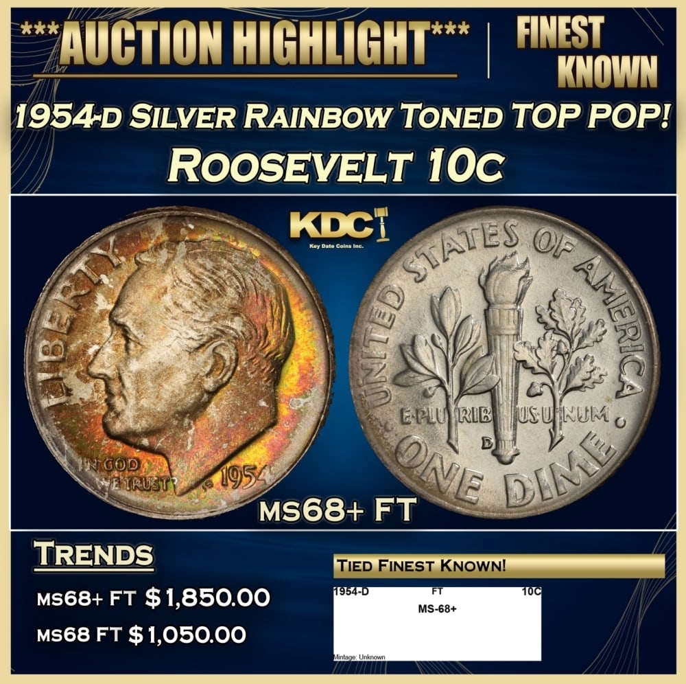 1954-d Roosevelt Dime Silver Rainbow Toned TOP POP! 10c ms68+ FT SEGS: 1954-d Silver Rainbow Toned TOP POP! Roosevelt Dime 10c ms68+ FT SEGS. 0 Historic precious metal trends is causing increased spot pricing by the day. On auctions with set openings, we are doing our be