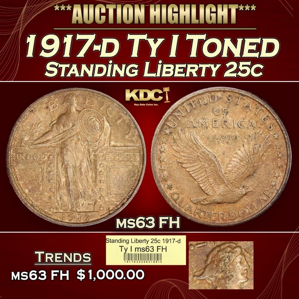 1917-d Ty I Standing Liberty Quarter Toned 25c ms63 FH USCG: 1917-d Ty I Toned Standing Liberty Quarter 25c ms63 FH USCG. 0 Historic precious metal trends is causing increased spot pricing by the day. On auctions with set openings, we are doing our best to have