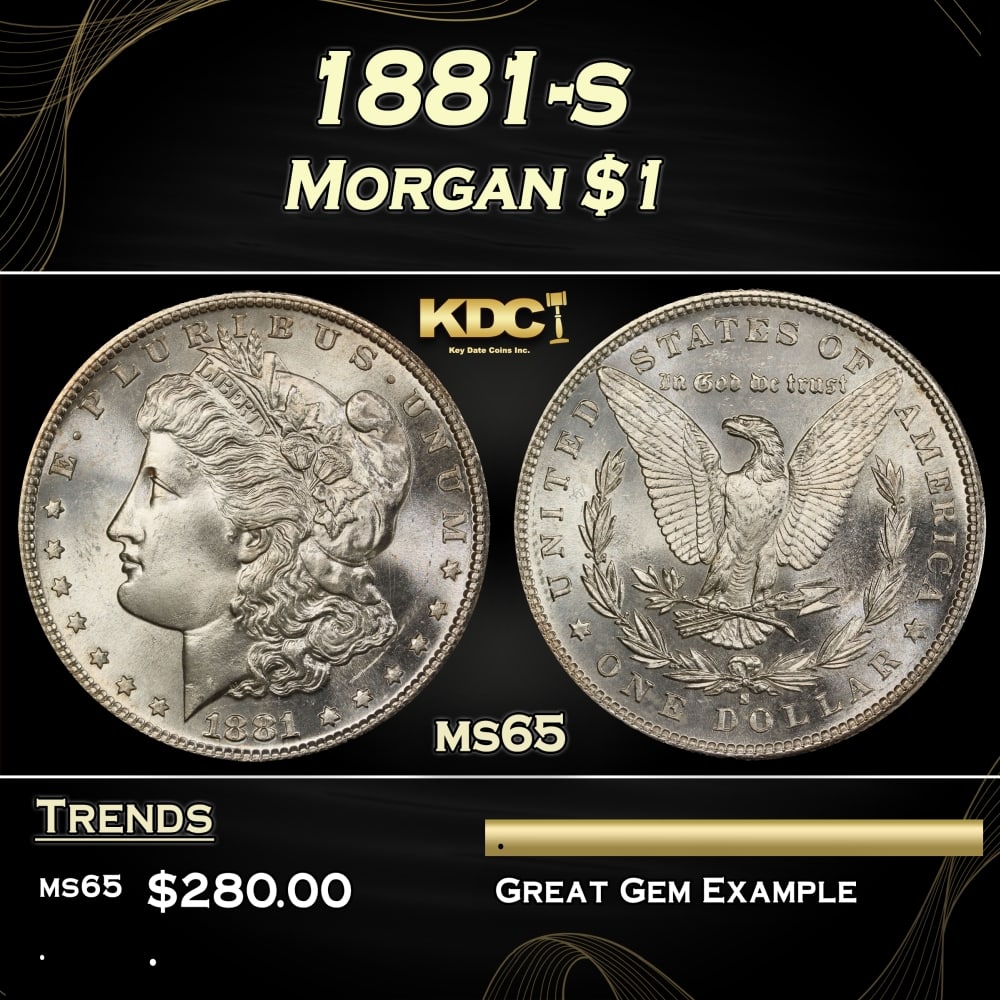 1881-s Morgan Dollar $1 Grades ms65: 1881-s Morgan Dollar $1 Grades ms65. Historic precious metal trends is causing increased spot pricing by the day. On auctions with set openings, we are doing our best to have items priced at their mar