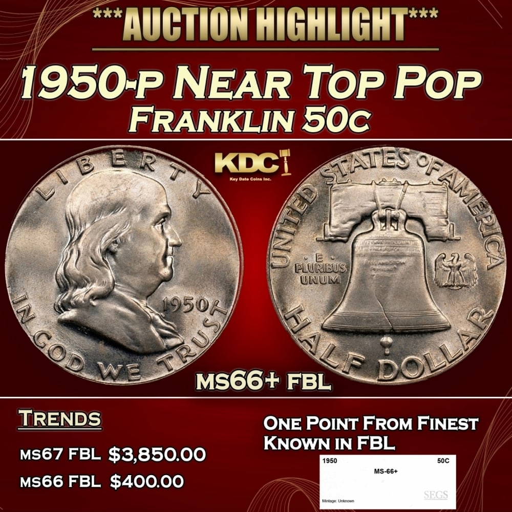 1950-p Franklin Half Dollar Near Top Pop 50c ms66+ fbl SEGS: 1950-p Near Top Pop Franklin Half Dollar 50c ms66+ fbl SEGS. 0 Historic precious metal trends is causing increased spot pricing by the day. On auctions with set openings, we are doing our best to have