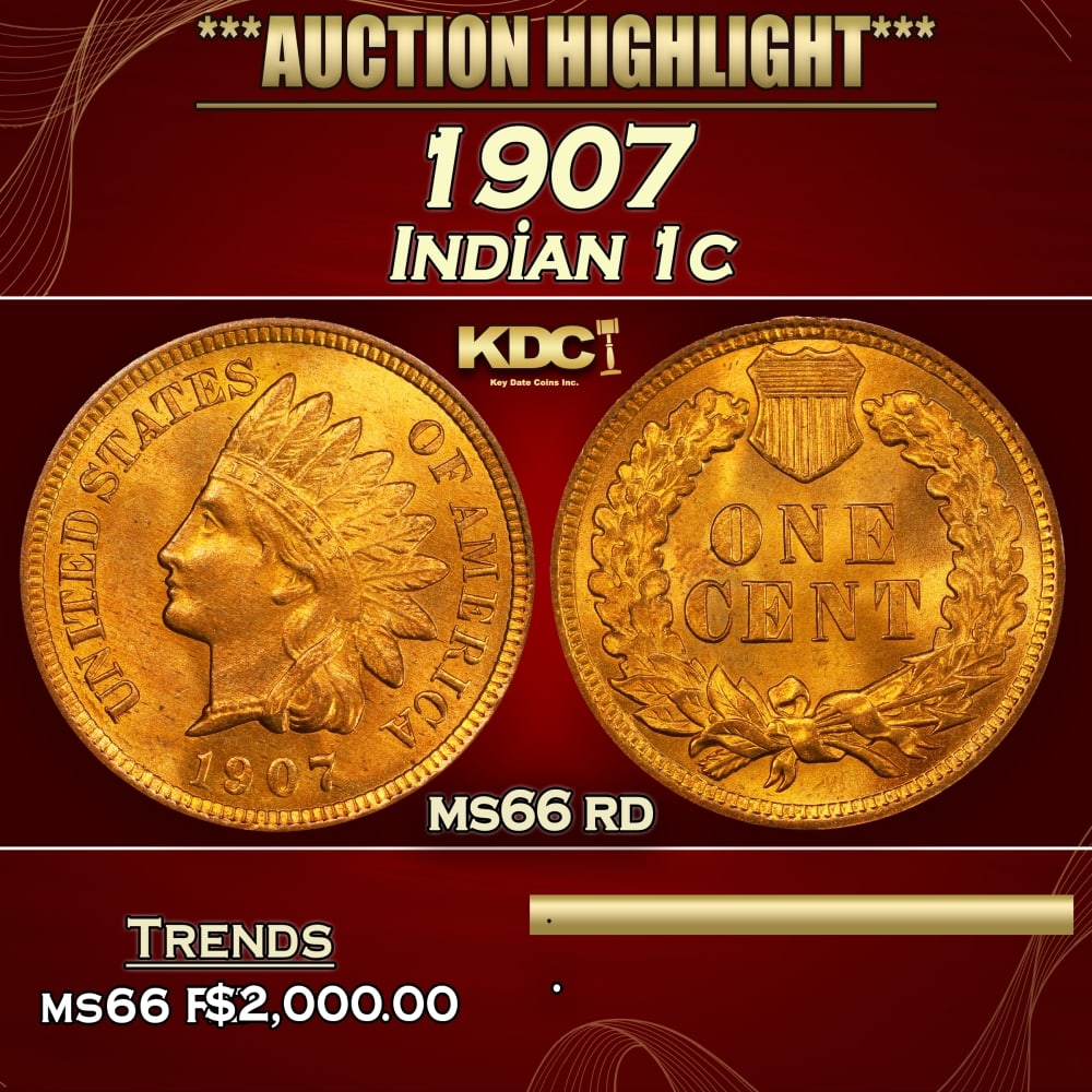 1907 Indian Cent . 1c ms66 rd SEGS: 1907 . Indian Cent 1c ms66 rd SEGS. 0 Historic precious metal trends is causing increased spot pricing by the day. On auctions with set openings, we are doing our best to have items priced at their ma