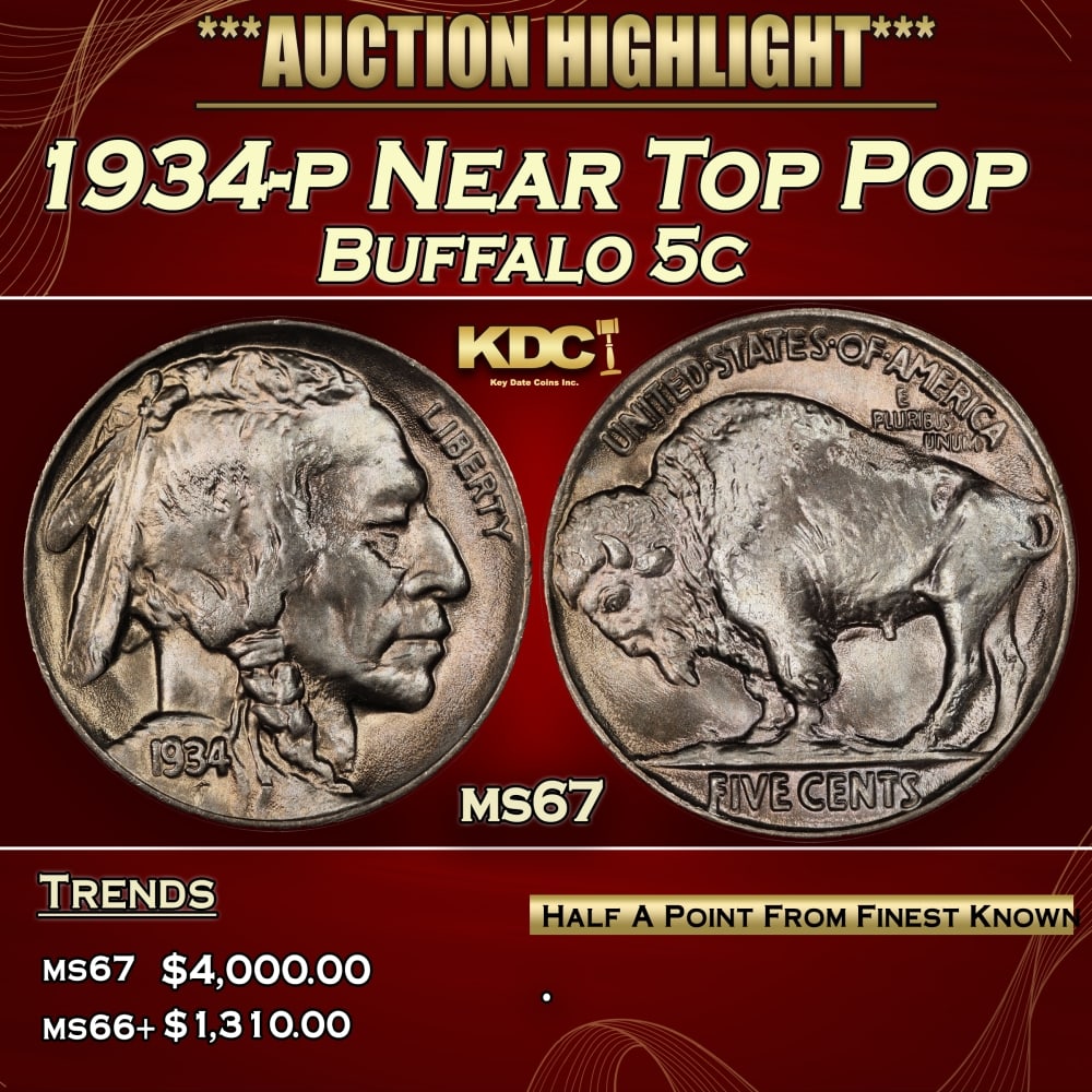 1934-p Buffalo Nickel Near Top Pop 5c ms67 SEGS: 1934-p Near Top Pop Buffalo Nickel 5c ms67 SEGS. 0 Historic precious metal trends is causing increased spot pricing by the day. On auctions with set openings, we are doing our best to have items price