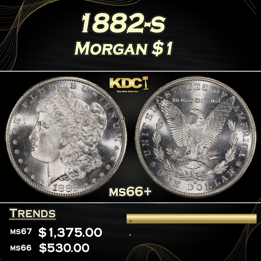 1882-s Morgan Dollar $1 ms66+ SEGS: 1882-s Morgan Dollar $1 ms66+ SEGS. Historic precious metal trends is causing increased spot pricing by the day. On auctions with set openings, we are doing our best to have items priced at their mark