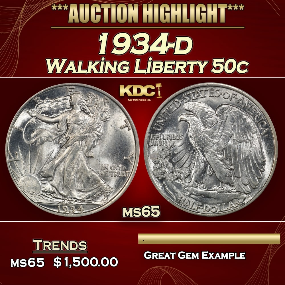1934-d Walking Liberty Half Dollar 50c ms65 SEGS: 1934-d Walking Liberty Half Dollar 50c ms65 SEGS. 0 Historic precious metal trends is causing increased spot pricing by the day. On auctions with set openings, we are doing our best to have items pric