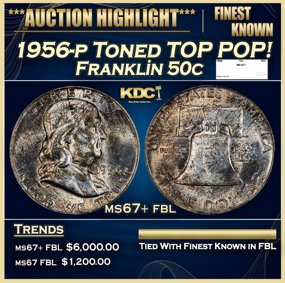 1956-p Franklin Half Dollar Toned TOP POP! 50c ms67+ fbl SEGS: 1956-p Toned TOP POP! Franklin Half Dollar 50c ms67+ fbl SEGS. A Key Date's Pick, Bid to Win, Don't let it get Away, you might not find its equal CoinHistoric precious metal trends is causing increase
