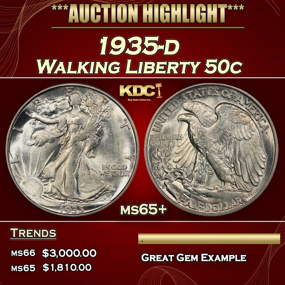 1935-d Walking Liberty Half Dollar 50c ms65+ SEGS: 1935-d Walking Liberty Half Dollar 50c ms65+ SEGS. 0 Historic precious metal trends is causing increased spot pricing by the day. On auctions with set openings, we are doing our best to have items pri