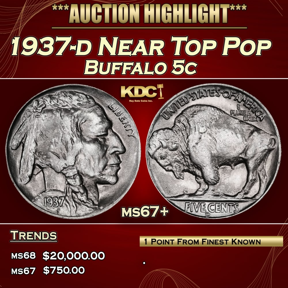 1937-d Buffalo Nickel Near Top Pop 5c ms67+ SEGS: 1937-d Near Top Pop Buffalo Nickel 5c ms67+ SEGS. Historic precious metal trends is causing increased spot pricing by the day. On auctions with set openings, we are doing our best to have items priced