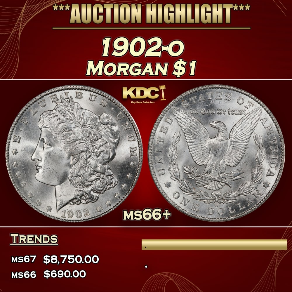 1902-o Morgan Dollar $1 ms66+ SEGS: 1902-o Morgan Dollar $1 ms66+ SEGS. Historic precious metal trends is causing increased spot pricing by the day. On auctions with set openings, we are doing our best to have items priced at their mark