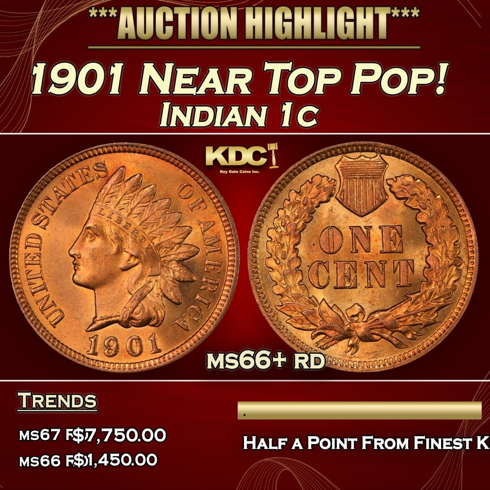 1901 Indian Cent Near Top Pop! 1c ms66+ rd SEGS: 1901 Near Top Pop! Indian Cent 1c ms66+ rd SEGS. 0 Historic precious metal trends is causing increased spot pricing by the day. On auctions with set openings, we are doing our best to have items price