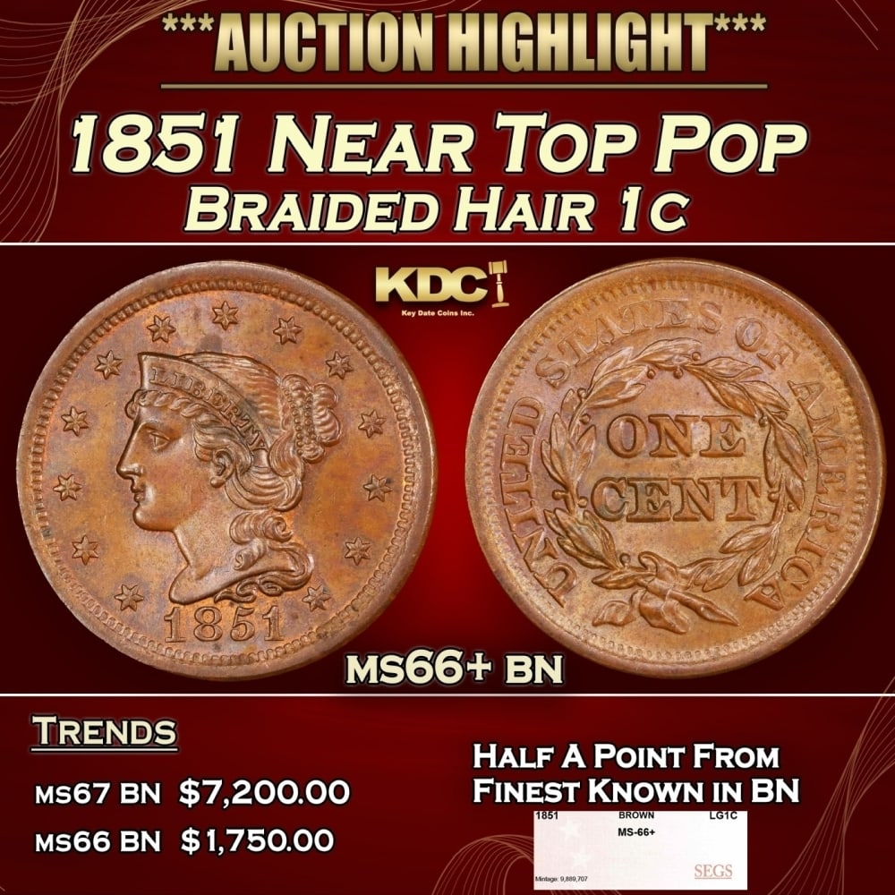 1851 Braided Hair Large Cent Near Top Pop 1c ms66+ bn SEGS (1 of 4)