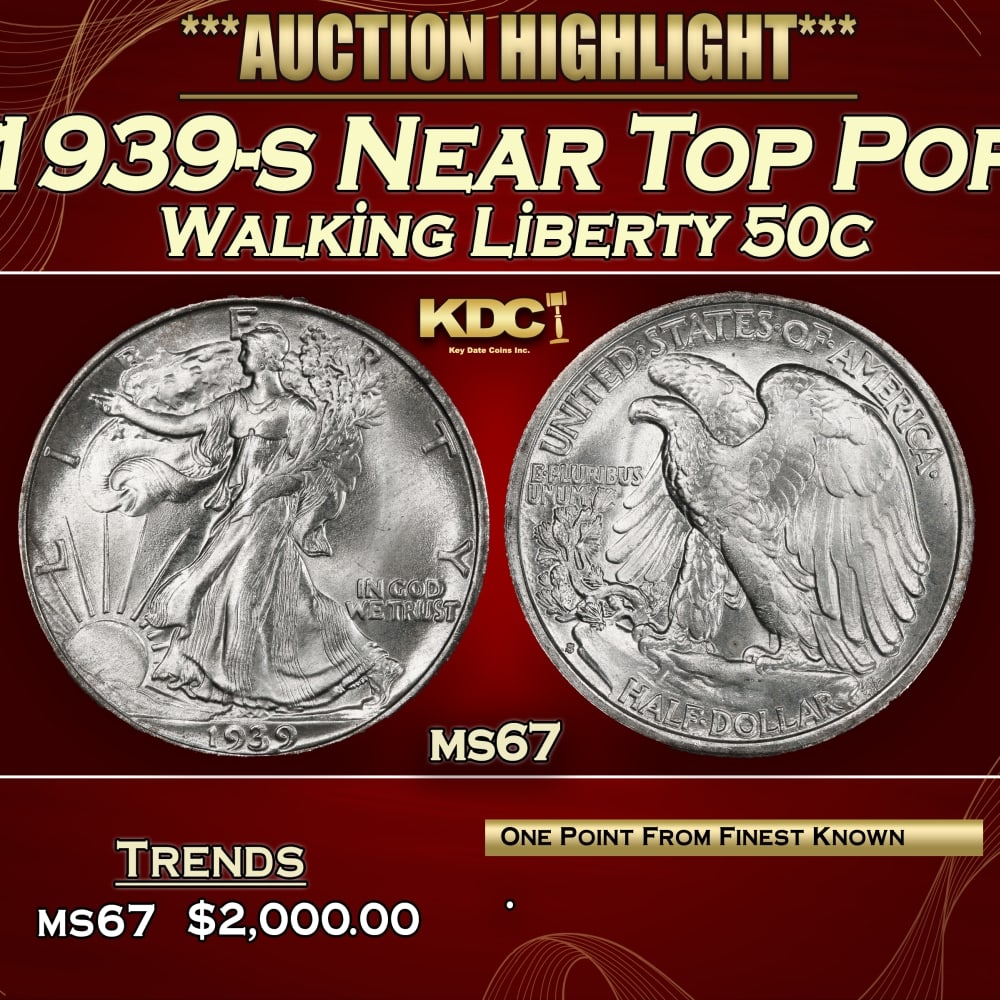 1939-s Walking Liberty Half Dollar Near Top Pop 50c ms67 SEGS: 1939-s Near Top Pop Walking Liberty Half Dollar 50c ms67 SEGS. 0 Historic precious metal trends is causing increased spot pricing by the day. On auctions with set openings, we are doing our best to ha