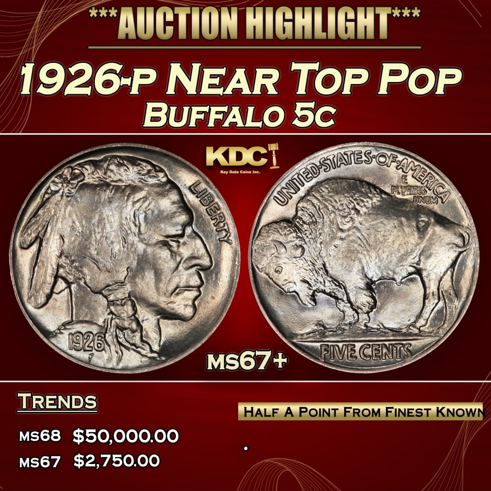 1926-p Buffalo Nickel Near Top Pop 5c ms67+ SEGS: 1926-p Near Top Pop Buffalo Nickel 5c ms67+ SEGS. 0 Historic precious metal trends is causing increased spot pricing by the day. On auctions with set openings, we are doing our best to have items pric