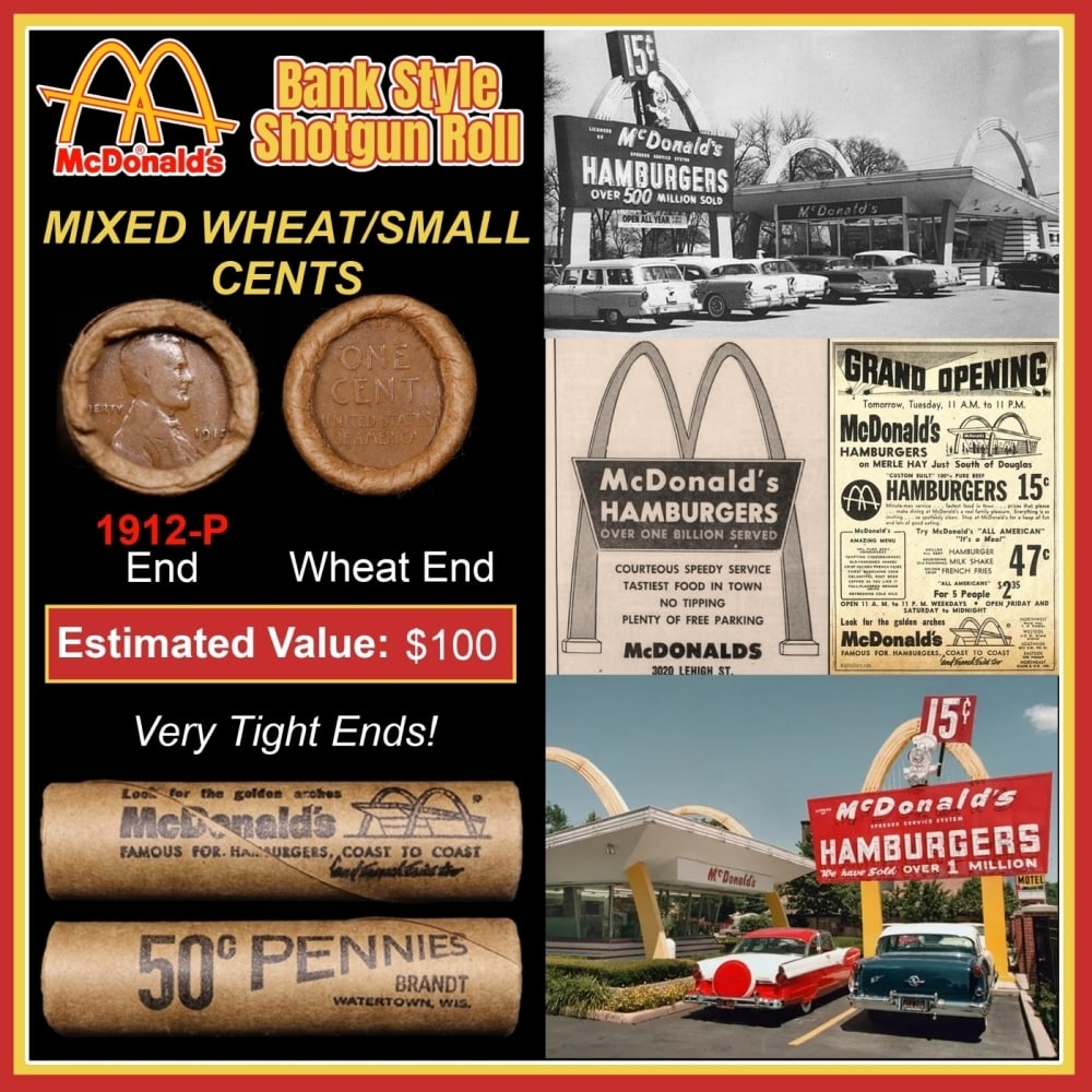 Lincoln Wheat Cent 1c Mixed Roll Orig Brandt McDonalds Wrapper, 1912-p end, Wheat other end: Lincoln Wheat Cent 1c Mixed Roll Orig Brandt McDonalds Wrapper, 1912-p end, Wheat other end. Lincoln Wheat Cent 1c mixed original Shotgun Roll. Actual roll pictured is the roll you will get. A great o