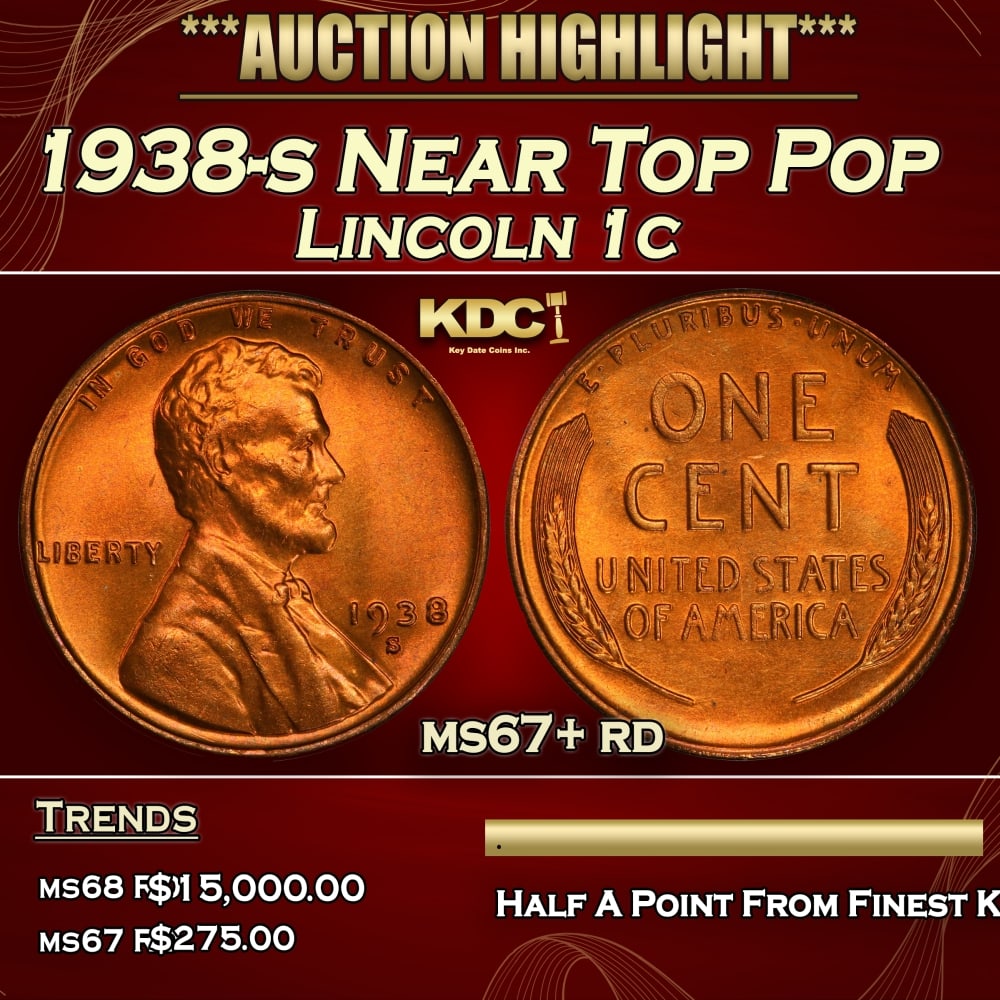 1938-s Lincoln Cent Near Top Pop 1c ms67+ rd SEGS: 1938-s Near Top Pop Lincoln Cent 1c ms67+ rd SEGS. 0 Historic precious metal trends is causing increased spot pricing by the day. On auctions with set openings, we are doing our best to have items pri