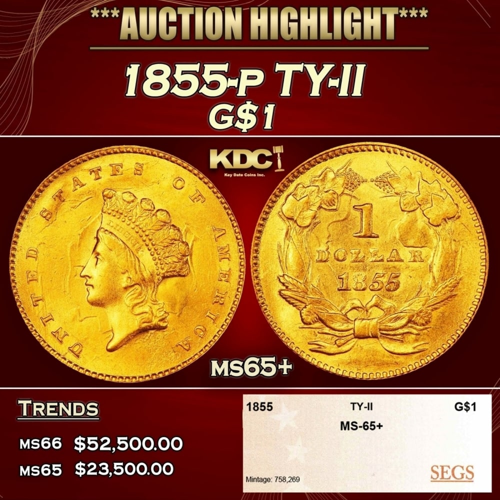 1855-p Gold Dollar TY-II $1 ms65+ SEGS (1 of 4)