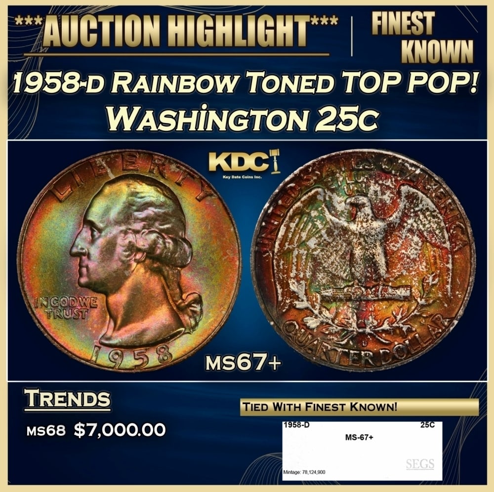 1958-d Washington Quarter Rainbow Toned TOP POP! 25c ms67+ SEGS: 1958-d Rainbow Toned TOP POP! Washington Quarter 25c ms67+ SEGS. 0 Historic precious metal trends is causing increased spot pricing by the day. On auctions with set openings, we are doing our best to