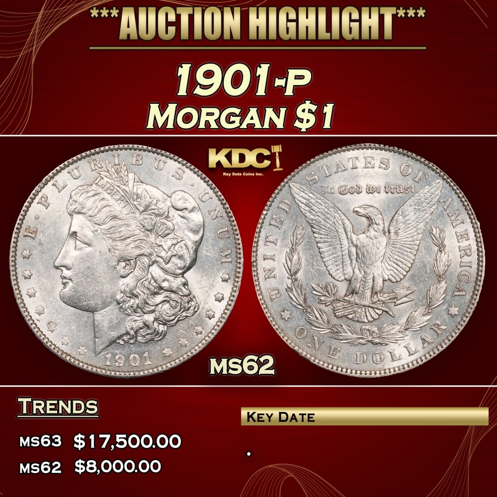 1901-p Morgan Dollar $1 ms62 USCG: 1901-p Morgan Dollar $1 ms62 USCG. 0 Historic precious metal trends is causing increased spot pricing by the day. On auctions with set openings, we are doing our best to have items priced at their mar