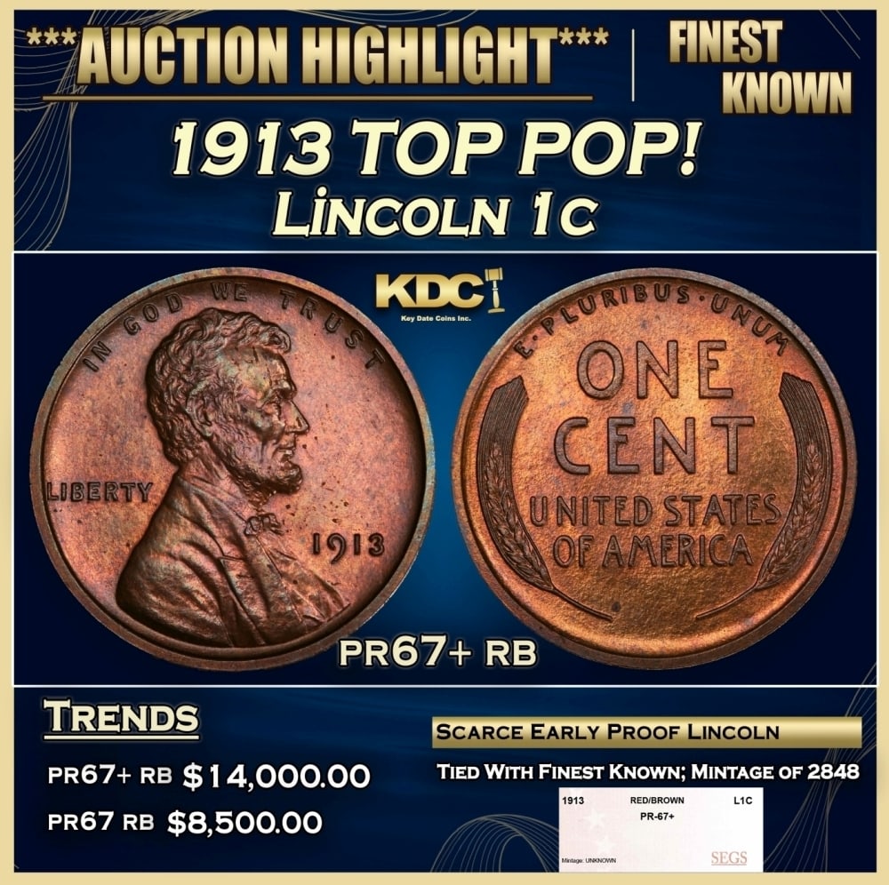 1913 Proof Lincoln Cent TOP POP! 1c pr67+ rb SEGS (1 of 4)