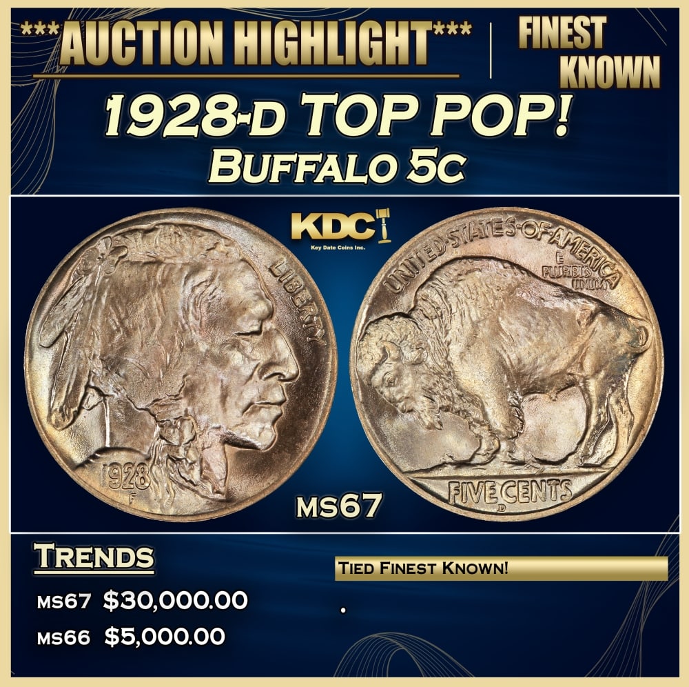 1928-d Buffalo Nickel TOP POP! 5c ms67 SEGS: 1928-d TOP POP! Buffalo Nickel 5c ms67 SEGS. 0 Historic precious metal trends is causing increased spot pricing by the day. On auctions with set openings, we are doing our best to have items priced at