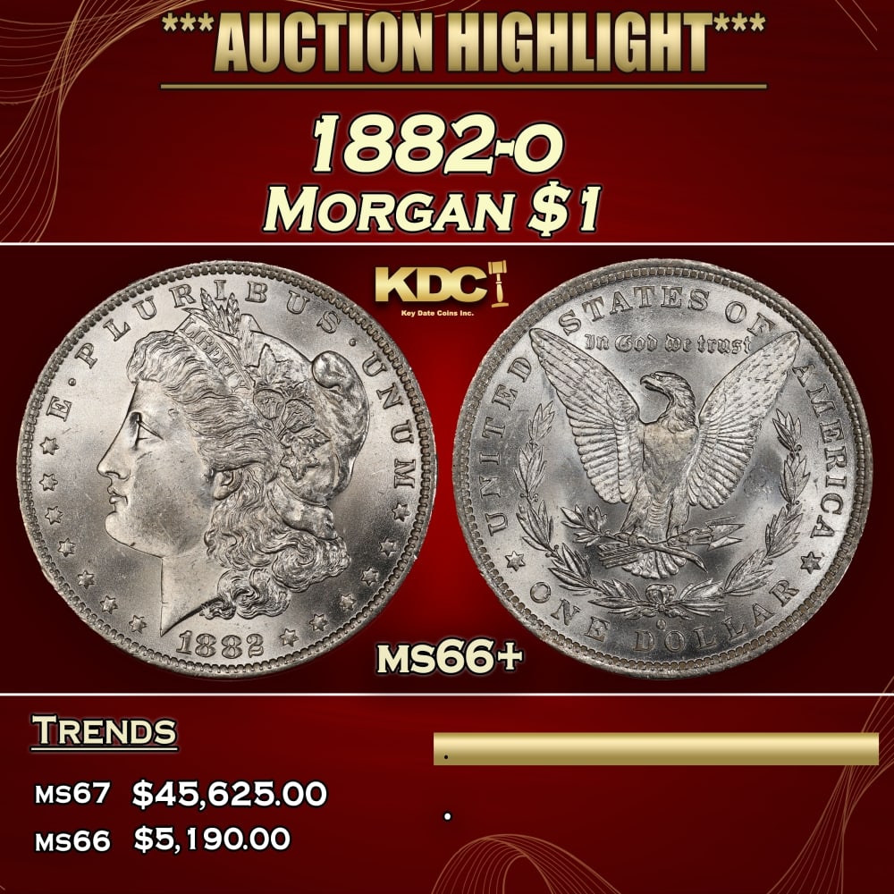 1882-o Morgan Dollar $1 ms66+ SEGS: 1882-o Morgan Dollar $1 ms66+ SEGS. Historic precious metal trends is causing increased spot pricing by the day. On auctions with set openings, we are doing our best to have items priced at their mark