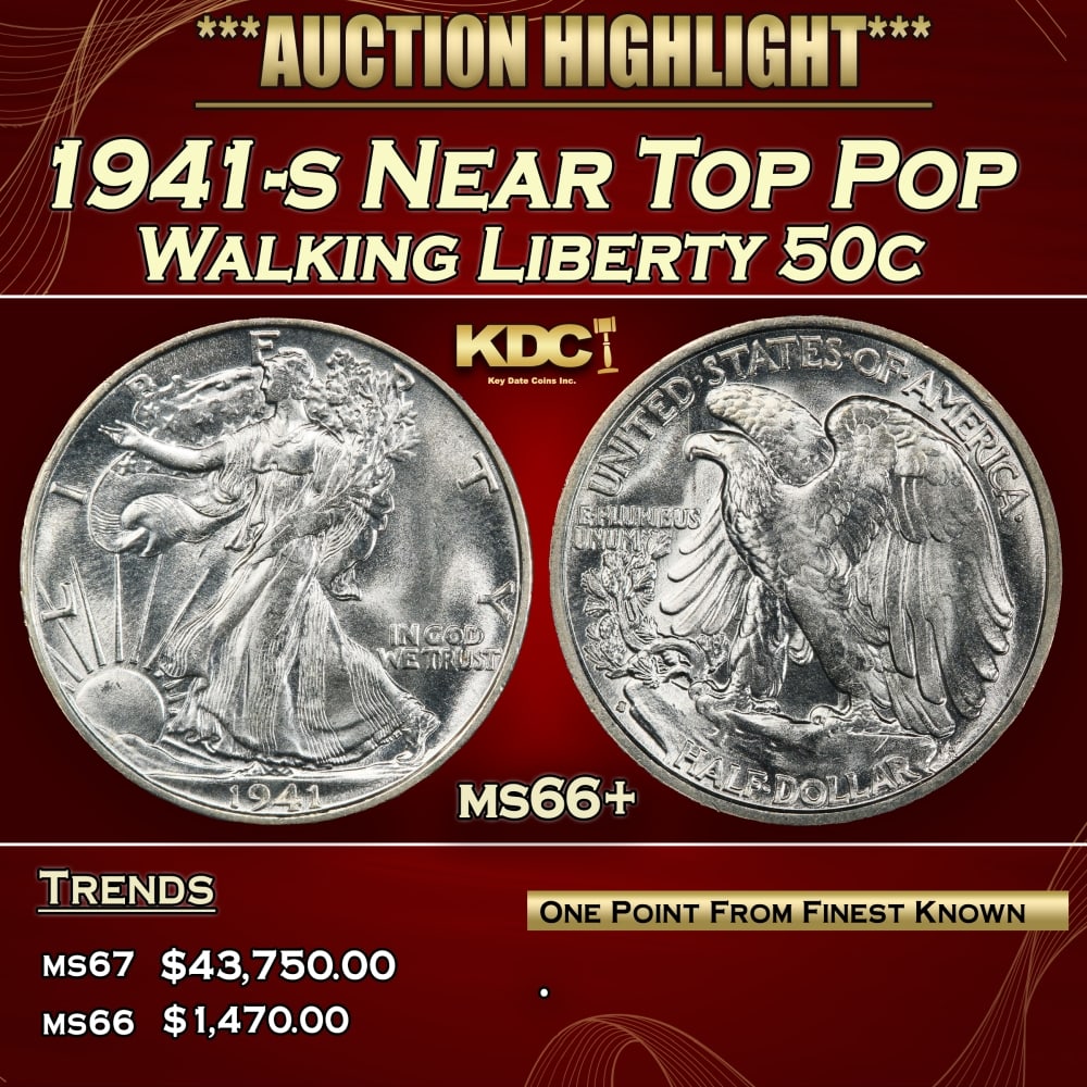 1941-s Walking Liberty Half Dollar Near Top Pop 50c ms66+ SEGS: 1941-s Near Top Pop Walking Liberty Half Dollar 50c ms66+ SEGS. 0 Historic precious metal trends is causing increased spot pricing by the day. On auctions with set openings, we are doing our best to h