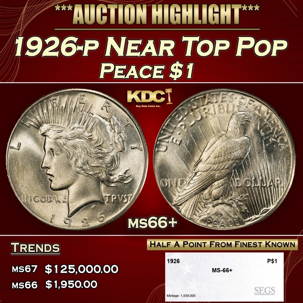 1926-p Peace Dollar Near Top Pop $1 ms66+ SEGS: 1926-p Near Top Pop Peace Dollar $1 ms66+ SEGS. 0 Historic precious metal trends is causing increased spot pricing by the day. On auctions with set openings, we are doing our best to have items priced