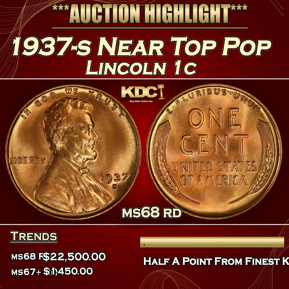 1937-s Lincoln Cent Near Top Pop 1c ms68 rd SEGS: 1937-s Near Top Pop Lincoln Cent 1c ms68 rd SEGS. 0 Historic precious metal trends is causing increased spot pricing by the day. On auctions with set openings, we are doing our best to have items pric