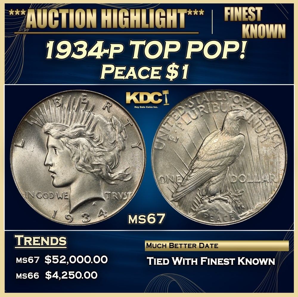 1934-p Peace Dollar TOP POP! $1 ms67 SEGS: 1934-p TOP POP! Peace Dollar $1 ms67 SEGS. 0 Historic precious metal trends is causing increased spot pricing by the day. On auctions with set openings, we are doing our best to have items priced at t