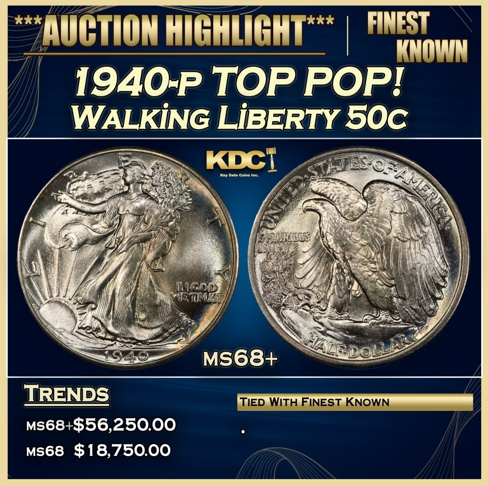 1940-p Walking Liberty Half Dollar TOP POP! 50c ms68+ SEGS: 1940-p TOP POP! Walking Liberty Half Dollar 50c ms68+ SEGS. 0 Historic precious metal trends is causing increased spot pricing by the day. On auctions with set openings, we are doing our best to have