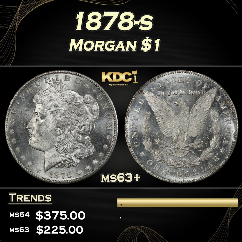 1878-s Morgan Dollar $1 Grades ms63+: 1878-s Morgan Dollar $1 Grades ms63+. Slightly better date. First year of issue. 0 Historic precious metal trends is causing increased spot pricing by the day. On auctions with set openings, we are do