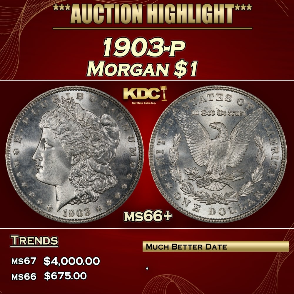 1903-p Morgan Dollar $1 ms66+ SEGS: 1903-p Morgan Dollar $1 ms66+ SEGS. 0 Historic precious metal trends is causing increased spot pricing by the day. On auctions with set openings, we are doing our best to have items priced at their ma