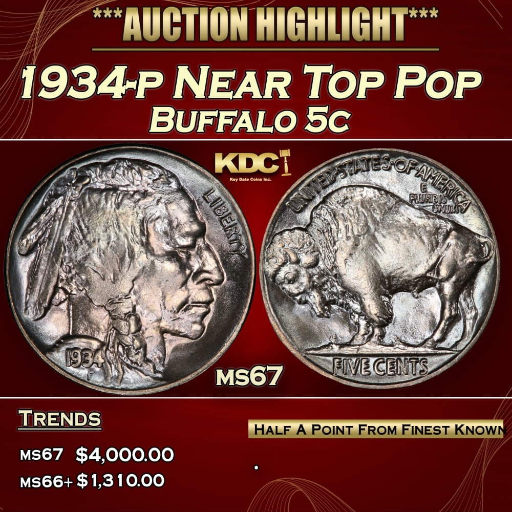 1934-p Buffalo Nickel Near Top Pop 5c ms67 SEGS: 1934-p Near Top Pop Buffalo Nickel 5c ms67 SEGS. 0 Historic precious metal trends is causing increased spot pricing by the day. On auctions with set openings, we are doing our best to have items price