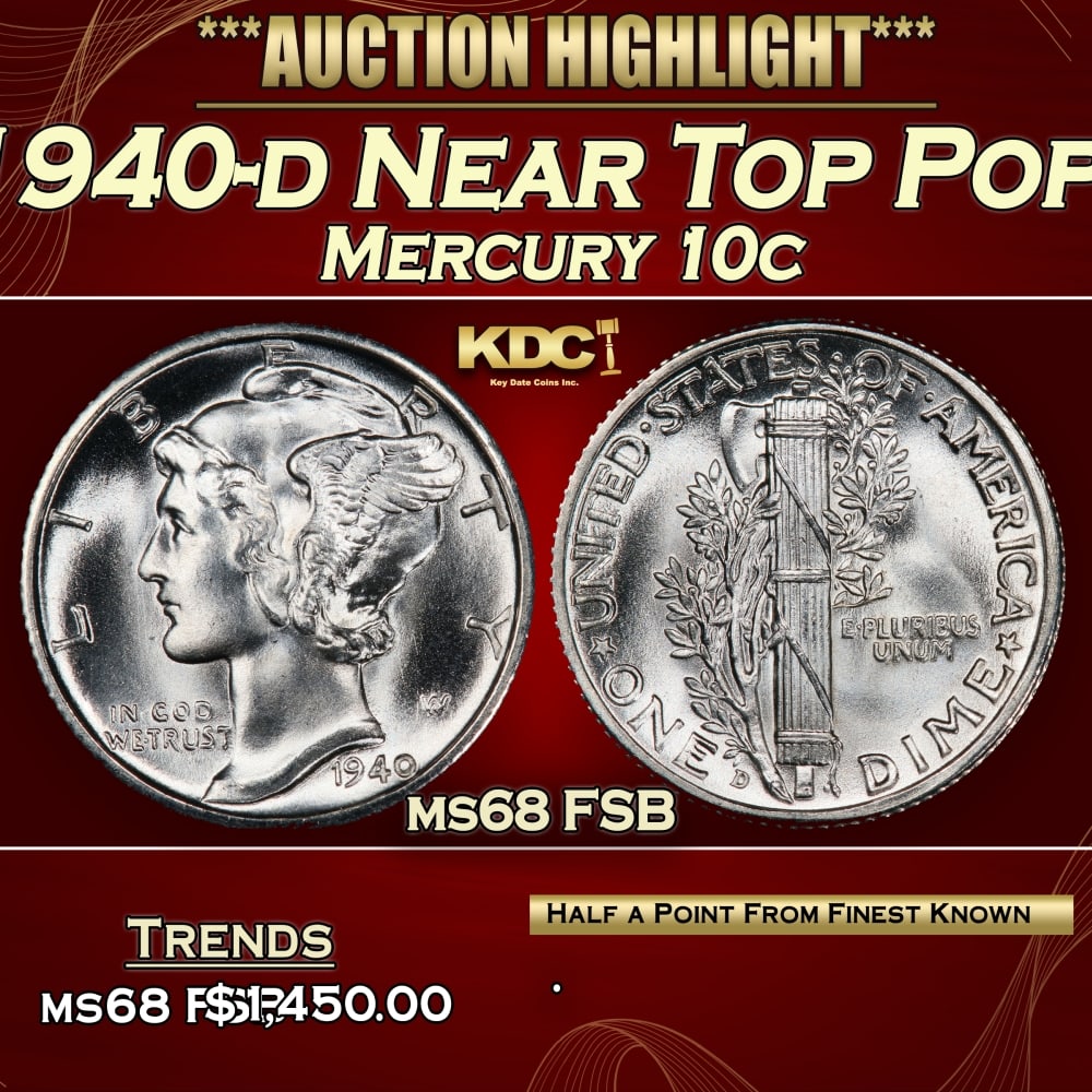 1940-d Mercury Dime Near Top Pop! 10c ms68 FSB SEGS: 1940-d Near Top Pop! Mercury Dime 10c ms68 FSB SEGS. 0 Historic precious metal trends is causing increased spot pricing by the day. On auctions with set openings, we are doing our best to have items p