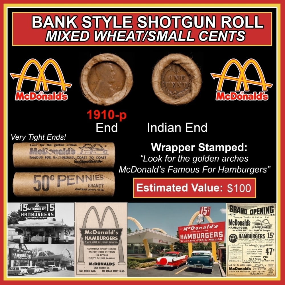 Lincoln Wheat Cent 1c Mixed Roll Orig Brandt McDonalds Wrapper, 1910-p end, Indian other end: Lincoln Wheat Cent 1c Mixed Roll Orig Brandt McDonalds Wrapper, 1910-p end, Indian other end. Lincoln Wheat Cent 1c mixed original Shotgun Roll. Actual roll pictured is the roll you will get. A great