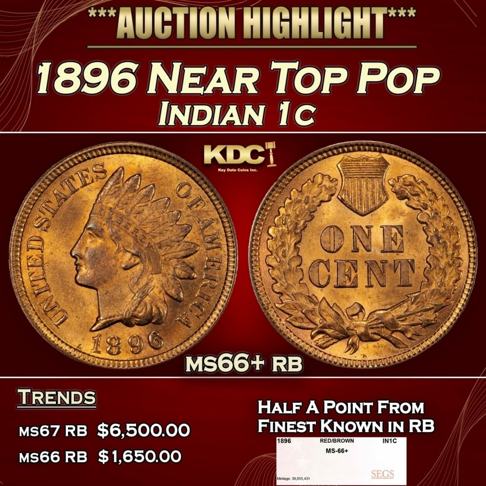 1896 Indian Cent Near Top Pop 1c ms66+ rb SEGS: 1896 Near Top Pop Indian Cent 1c ms66+ rb SEGS. 0 Historic precious metal trends is causing increased spot pricing by the day. On auctions with set openings, we are doing our best to have items priced
