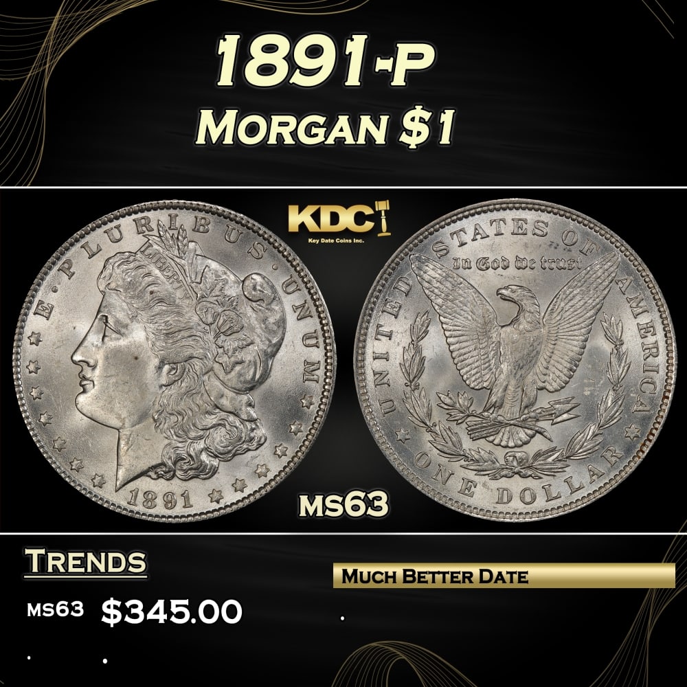1891-p Morgan Dollar $1 Grades ms63: 1891-p Morgan Dollar $1 Grades ms63. Historic precious metal trends is causing increased spot pricing by the day. On auctions with set openings, we are doing our best to have items priced at their mar