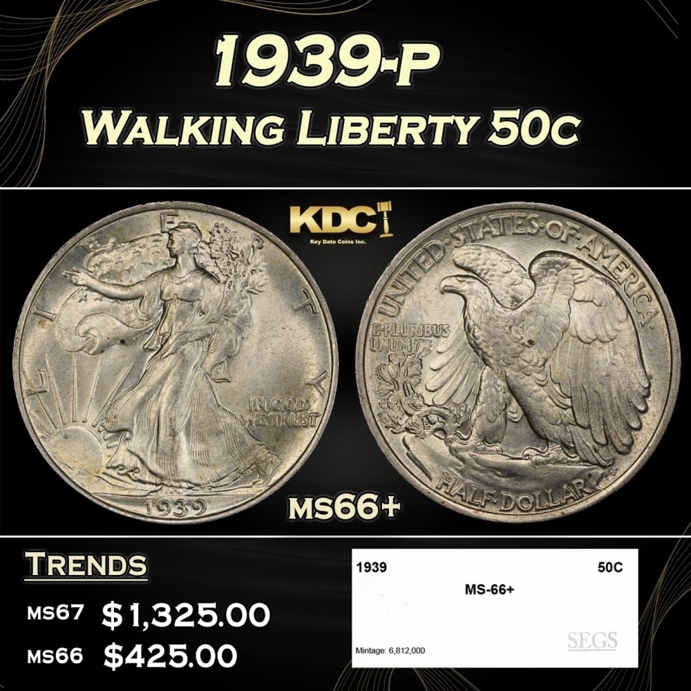 1939-p Walking Liberty Half Dollar 50c ms66+ SEGS: 1939-p Walking Liberty Half Dollar 50c ms66+ SEGS. 0 Historic precious metal trends is causing increased spot pricing by the day. On auctions with set openings, we are doing our best to have items pri