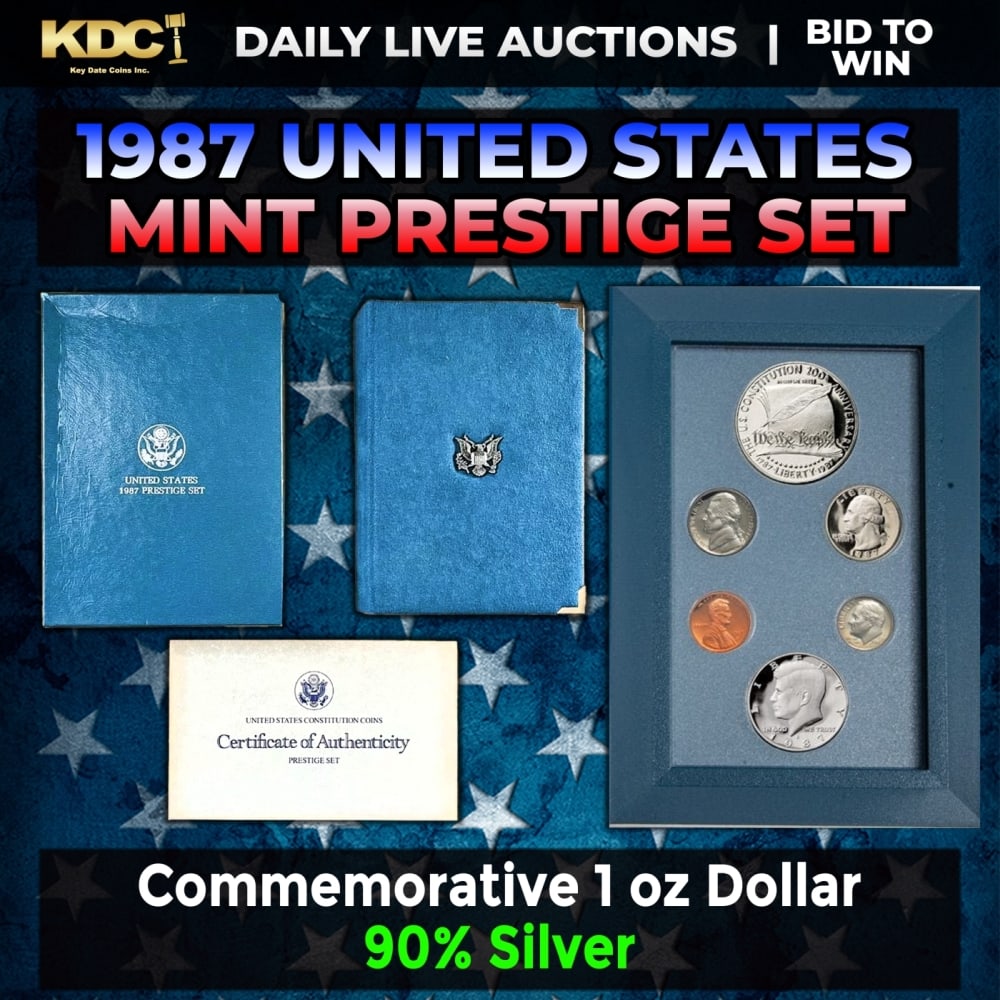 1987 United States Mint Prestige Proof Set 6 Coins W/ Box & COA: 1987 United States Mint Prestige Proof Set 6 Coins W/ Box & COA. Product DetailsThis wonderful six-piece set includes all of the proof issue coins of 1987 as well as a commemorative U.S. Constitution