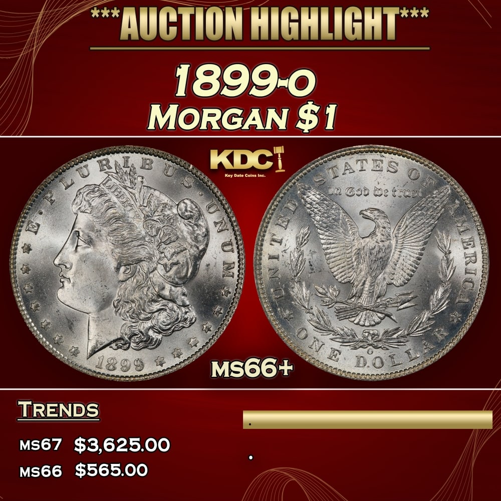 1899-o Morgan Dollar $1 ms66+ SEGS: 1899-o Morgan Dollar $1 ms66+ SEGS. Historic precious metal trends is causing increased spot pricing by the day. On auctions with set openings, we are doing our best to have items priced at their mark