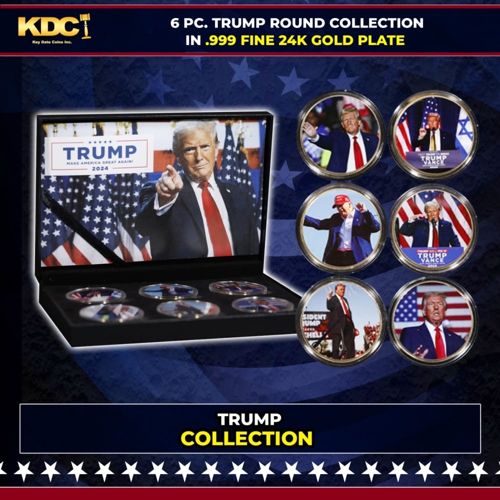 6 Coin President Donald Trump Gold Plated Round Collection: 6 Coin President Donald Trump Gold Plated Round Collection. Please Note All Backer Cards may have slight differences but will be very similar if not identical to the one in the photo Historic precious