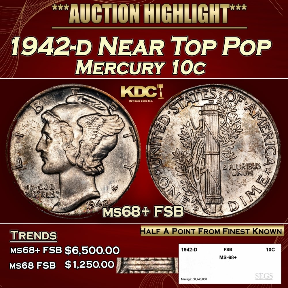1942-d Mercury Dime Near Top Pop 10c ms68+ FSB SEGS: 1942-d Near Top Pop Mercury Dime 10c ms68+ FSB SEGS. 0 Historic precious metal trends is causing increased spot pricing by the day. On auctions with set openings, we are doing our best to have items p